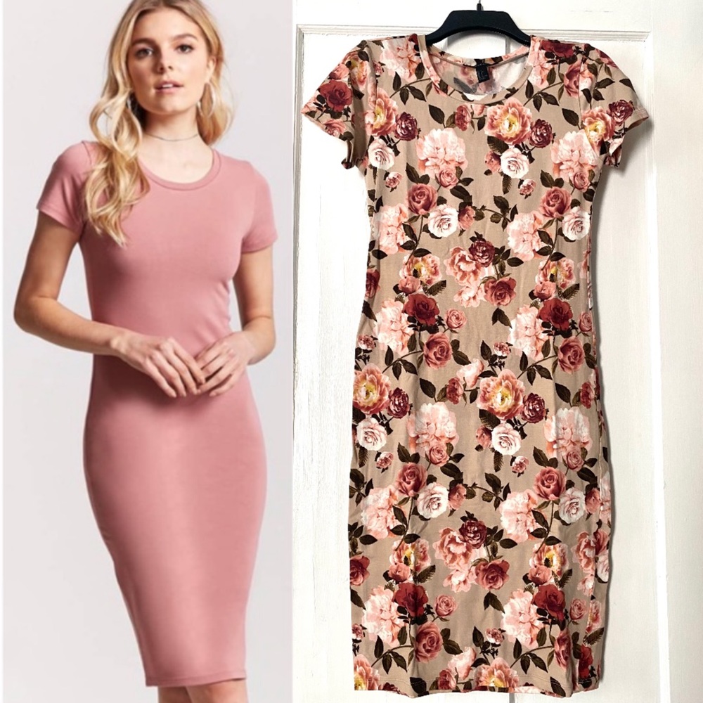 F21 Tan & Pink Rose Floral Cotton T-shirt Midi Dress